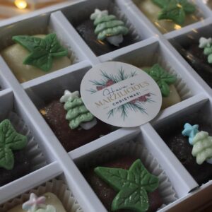 Beautiful Handmade Marzipan Gift Box - Christmas Trees and Ivy Leaves In Traditional Green