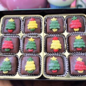 Beautiful Handmade Marzipan Gift Box - Traditional Red Green Yellow Christmas Trees